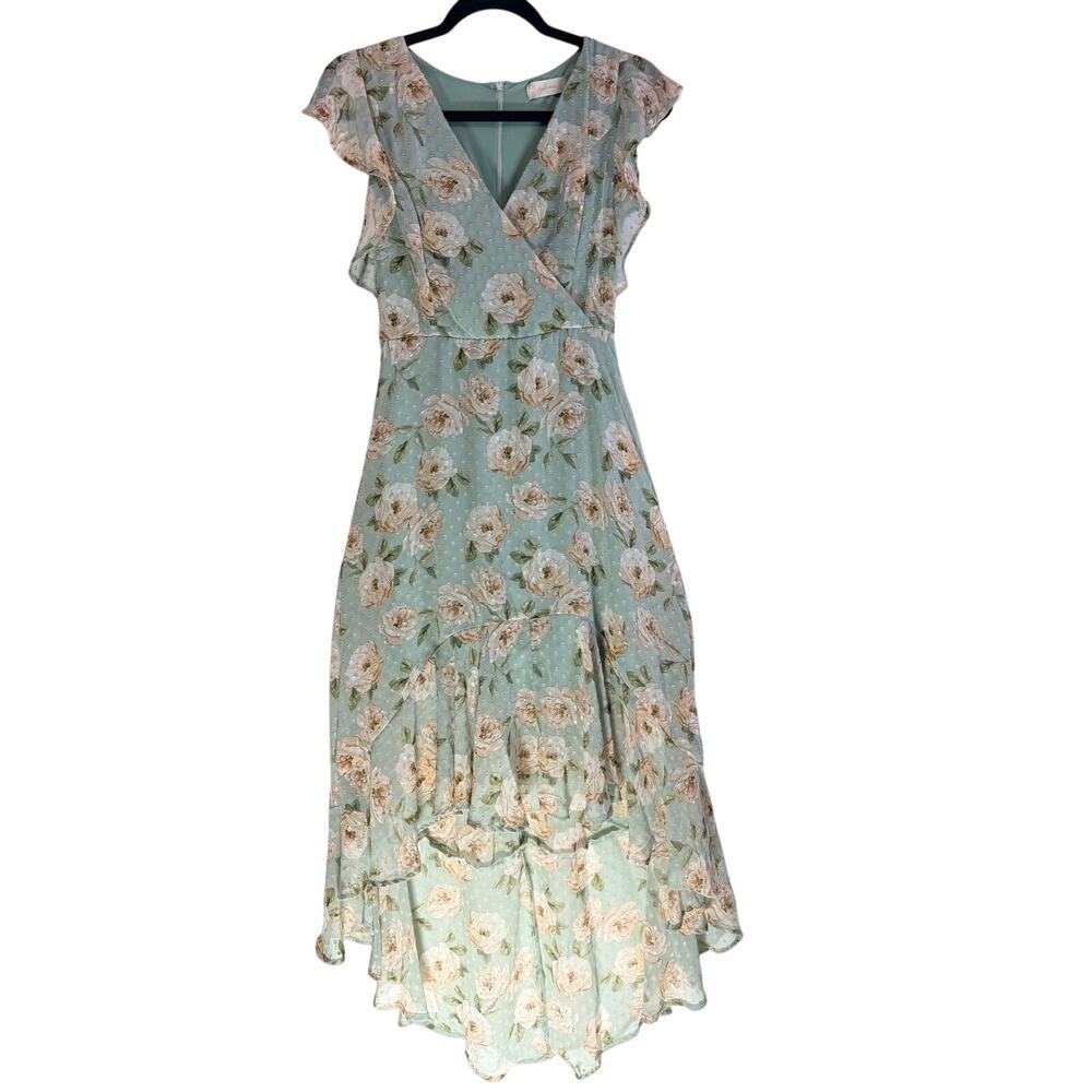 Altar’d State Green Floral Midi Dress Ruffle Sleeve V Neck No Belt